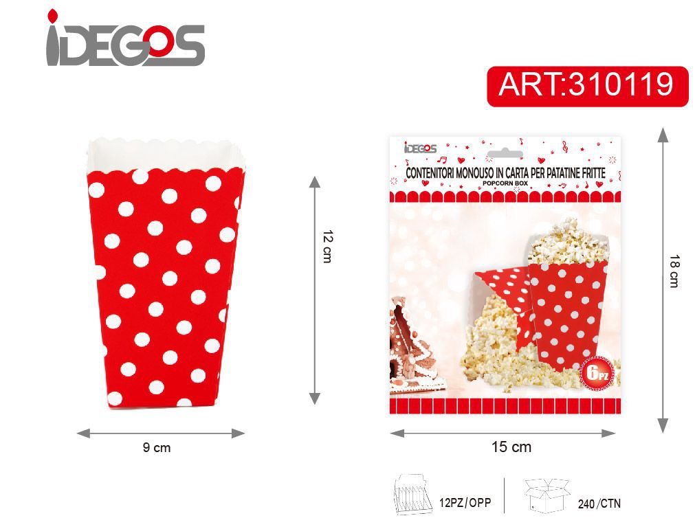 ACCESSORI FESTA CONTENITORI IN CARTA PER POPCORN CON PUNTINI 6PZ ROSSO