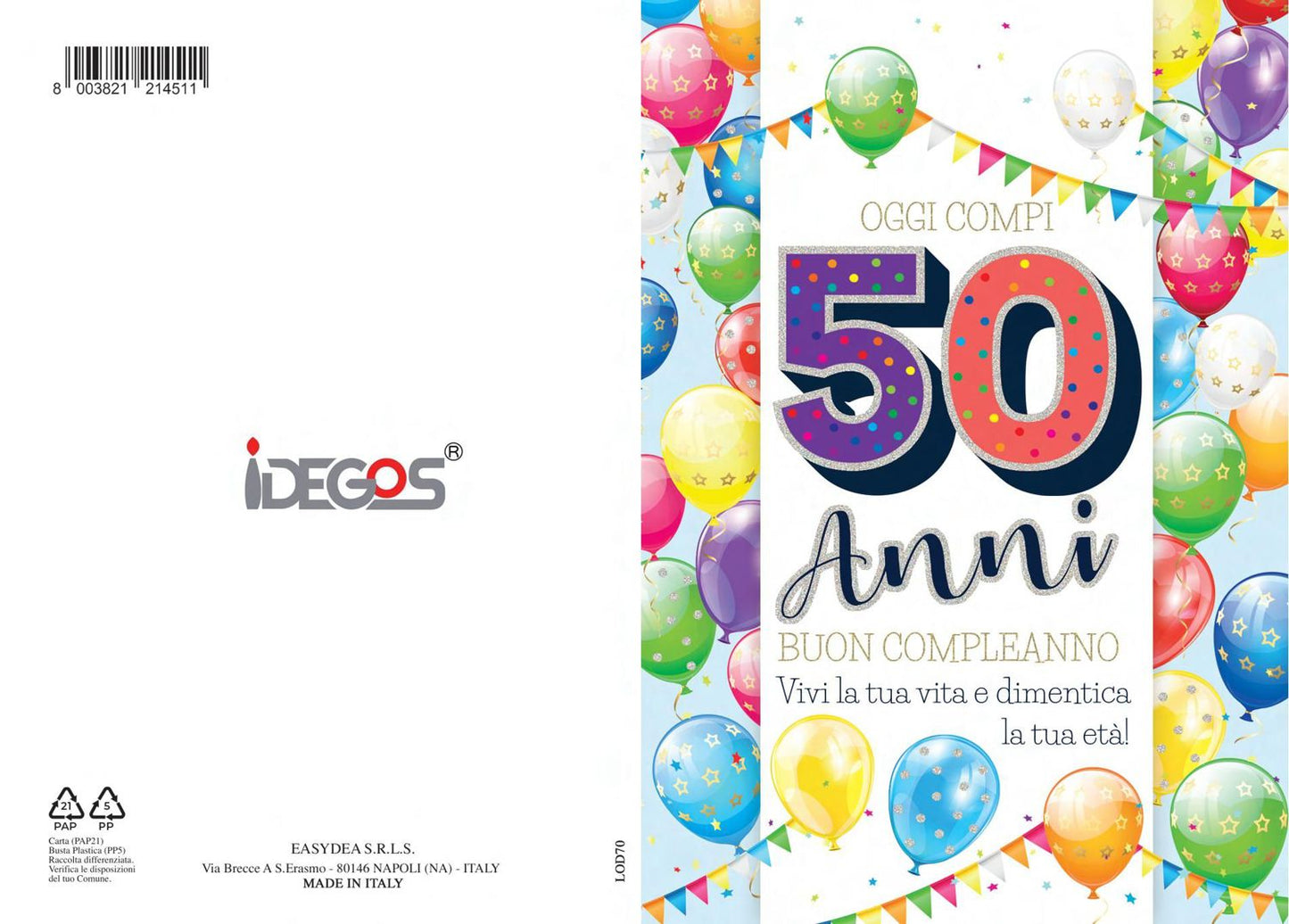 BIGLIETTO COMPLEANNO 50 ANNI C/FOIL OLOGRAFICO