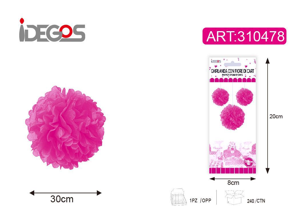 ACCESSORI FESTA GHIRLANDA CON FIORE DI CARTA 30CM 17G 1PZ MAGENTA