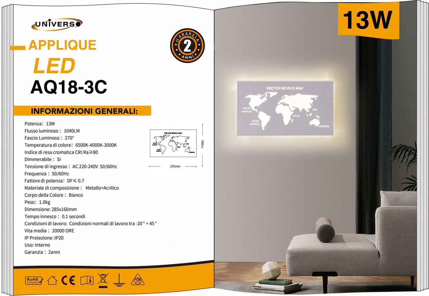 APPLIQUE DA MURO/16W/3000K-6500K/BIANCO