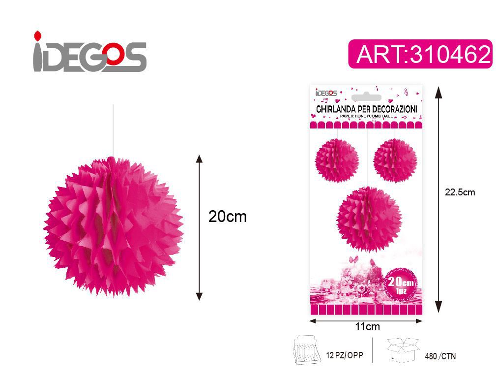 ACCESSORI FESTA SFERA DI CARTA TONDO SPINOSO MAGENTA 20CM 30G SOTTILE