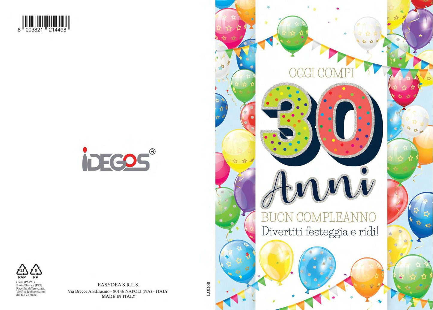 BIGLIETTO COMPLEANNO 30 ANNI C/FOIL OLOGRAFICO