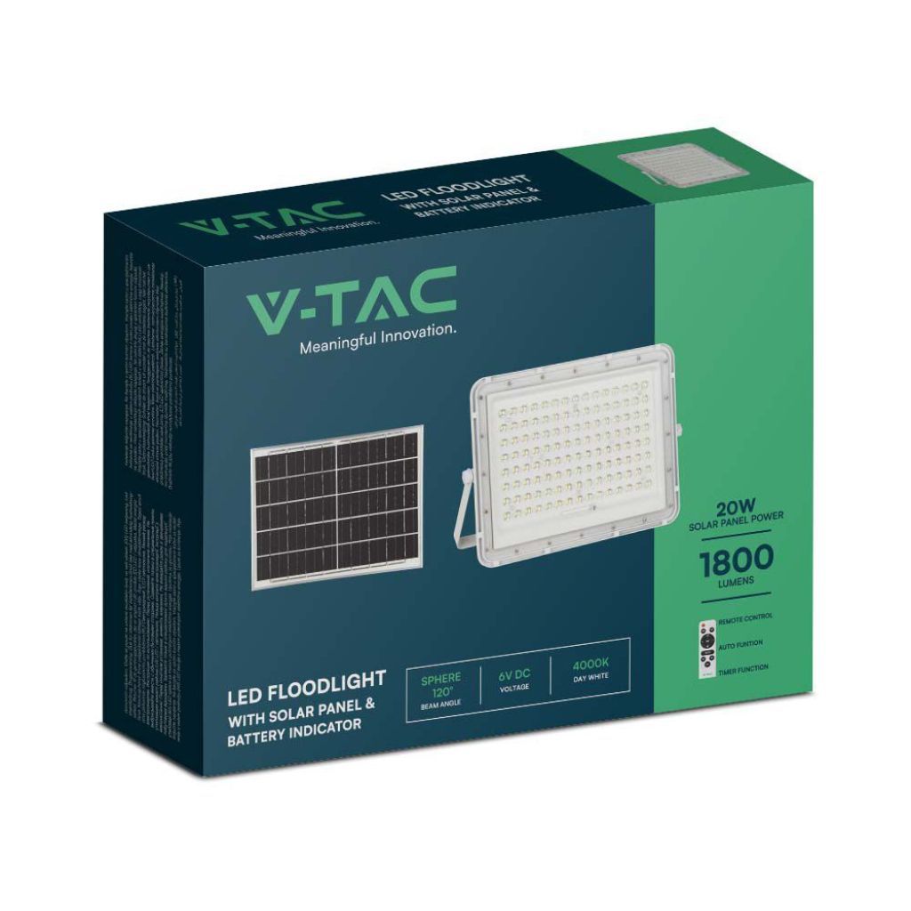 V-TAC Faro LED 180wcon Telecomando e Pannello Solare 20W Batteria sostituibile Cavo da 3m Colore Bianco 6400K