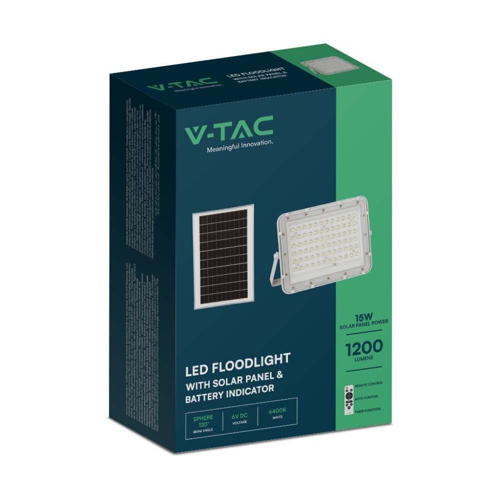 V-TAC Faro LED 120w  con Telecomando e Pannello Solare 15W Batteria sostituibile Cavo da 3m Colore Bianco 4000K