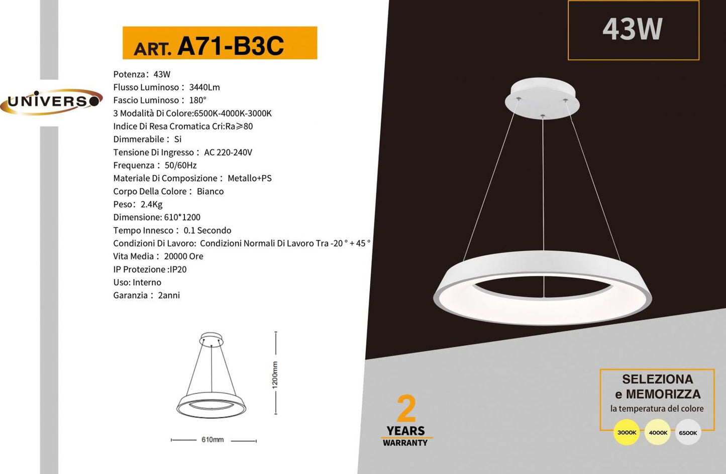 LAMPADARIO DA SOFFITTO/38W/3000K-6500K