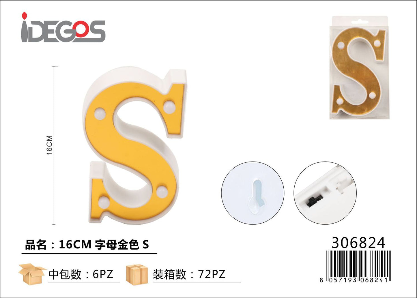 LETTERE CON LUCI LED S 16CM ORO