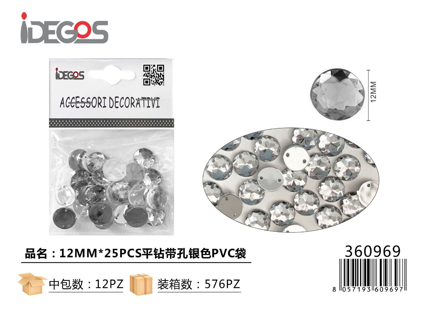 ACC/DECORAZIONE DI STRASS AREGENTO 12MM 25PZ