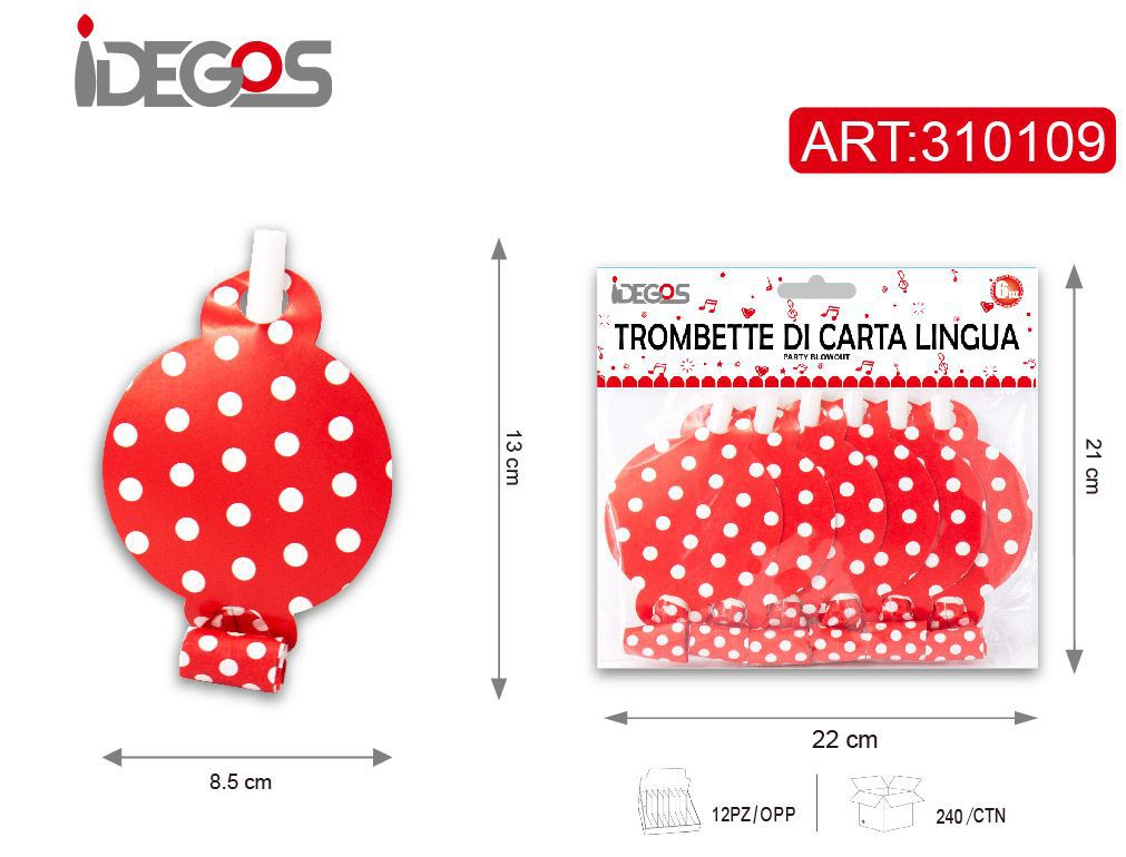 ACCESSORI FESTA TROMBETTA CARTA LINGUA LUNGO CARTA CON PUNTINI 6PZ ROSSO