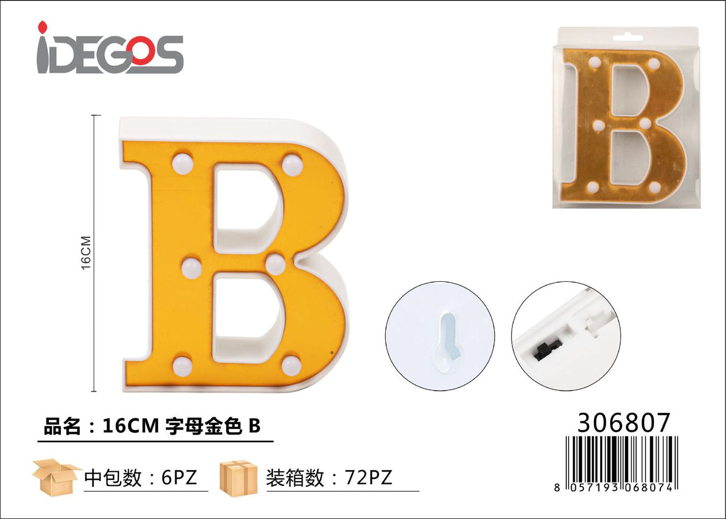 LETTERE CON LUCI LED B 16CM ORO