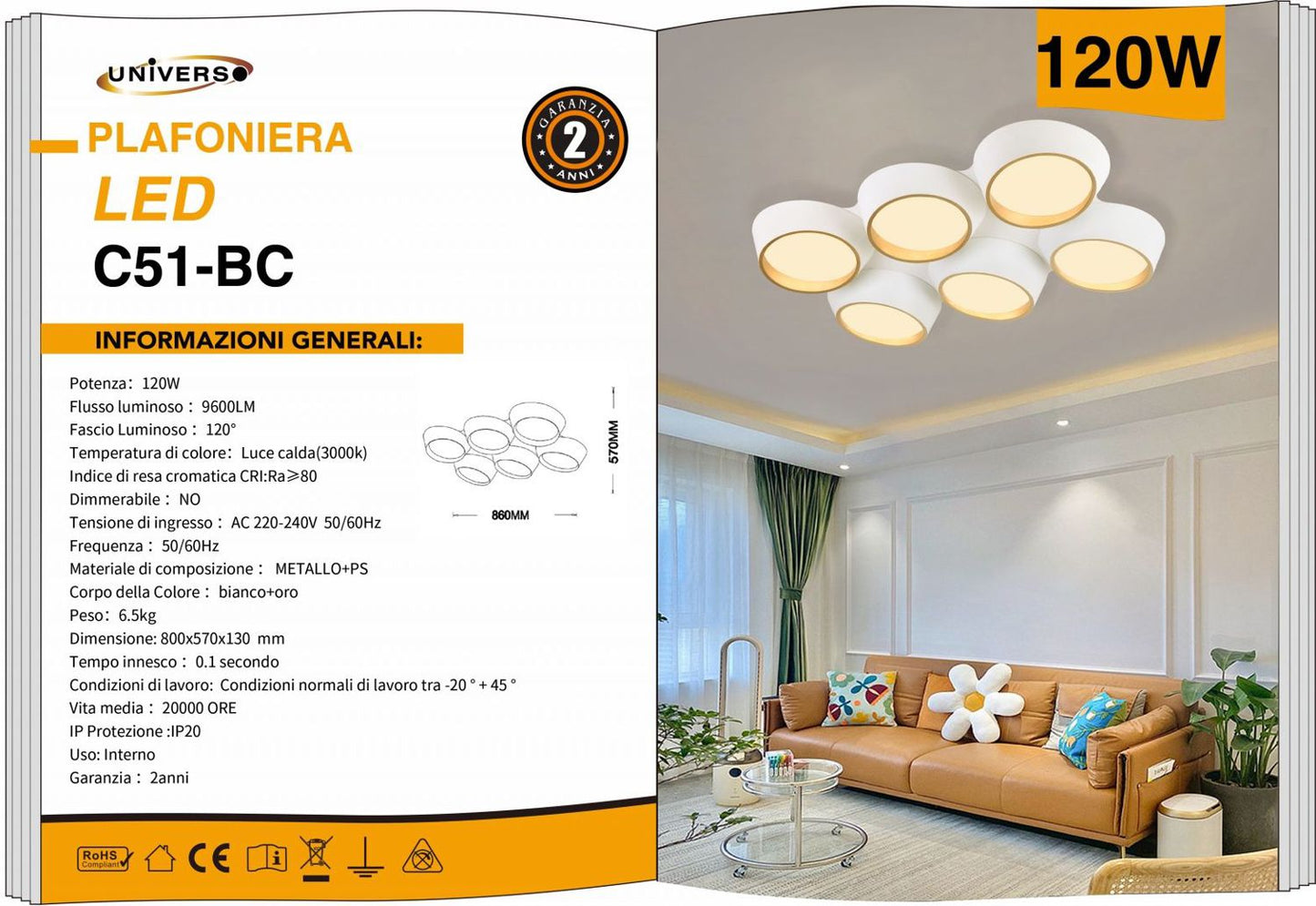 LAMPADARIO DA SOFFITTO/120W/3000K