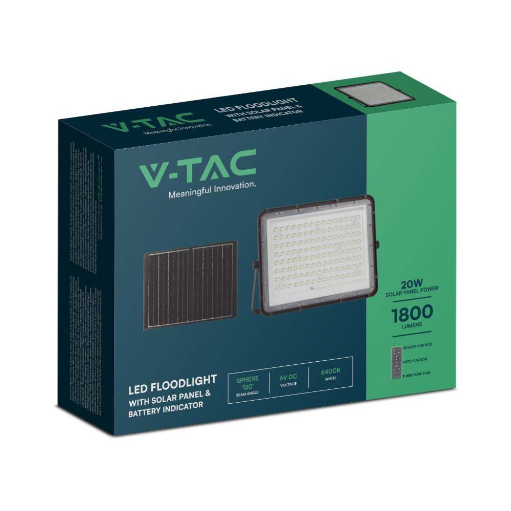 V-TAC Faro LED 180w con Telecomando e Pannello Solare 20W Batteria sostituibile Cavo da 3m Colore Nero 6400K