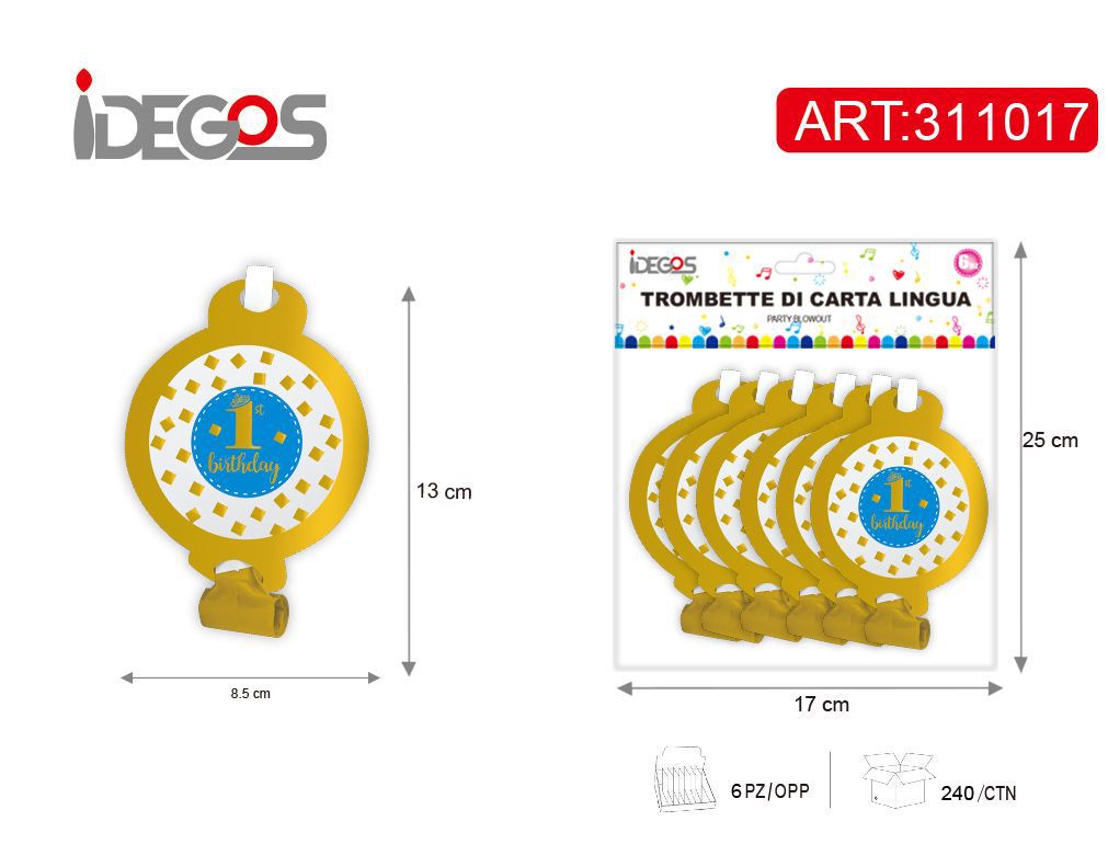 ACCESSORI FESTA TROMBETTA CANNUCCIA PLASTICA 300G 6PZ AZZURRO