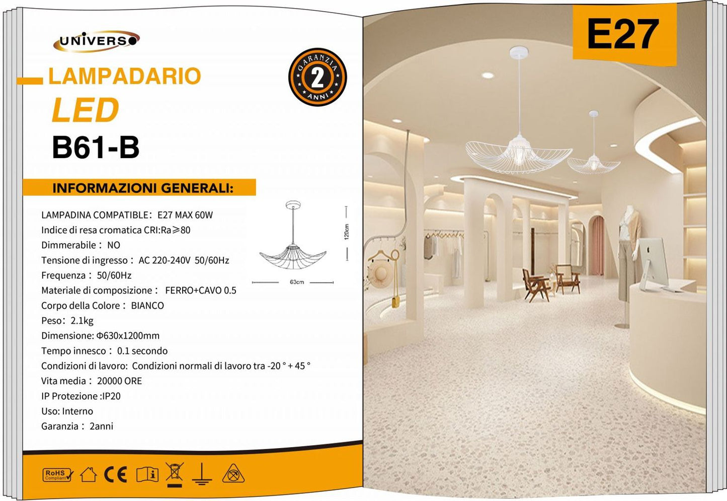 LAMPADARIO DA SOFFITTO/1XE27/BIANCO