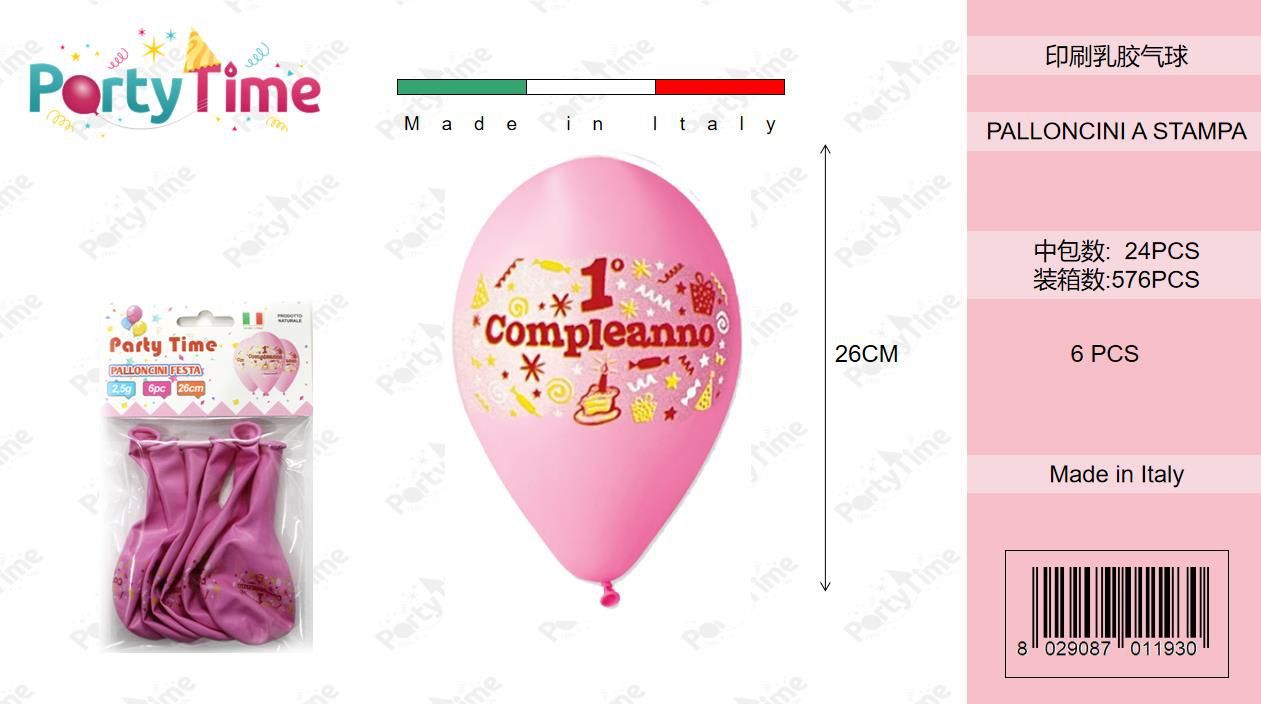 BUSTINE PALLONCINI DI GOMMA 1 COMPLEANNO ROSA 6PZ