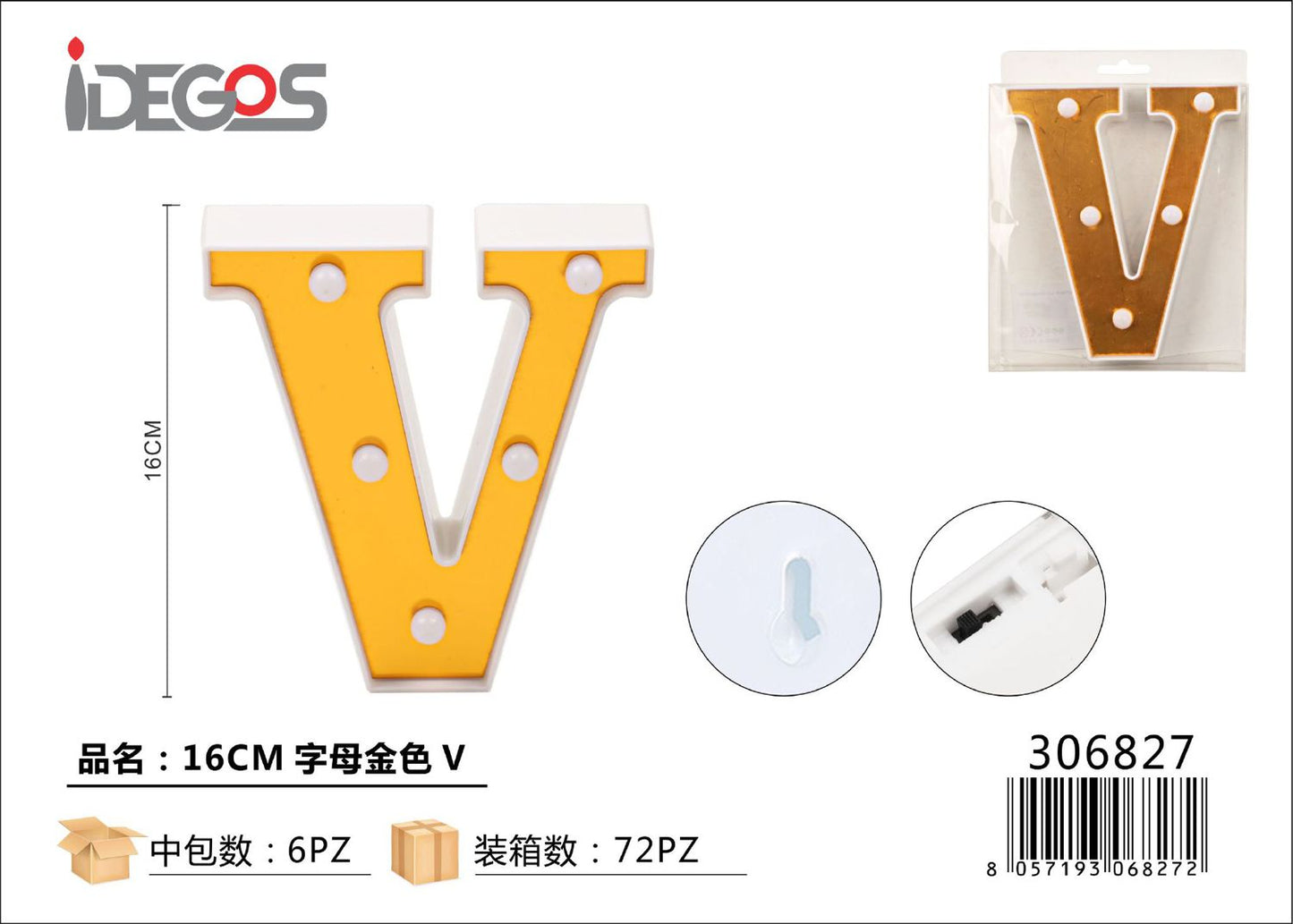 LETTERE CON LUCI LED V 16CM ORO