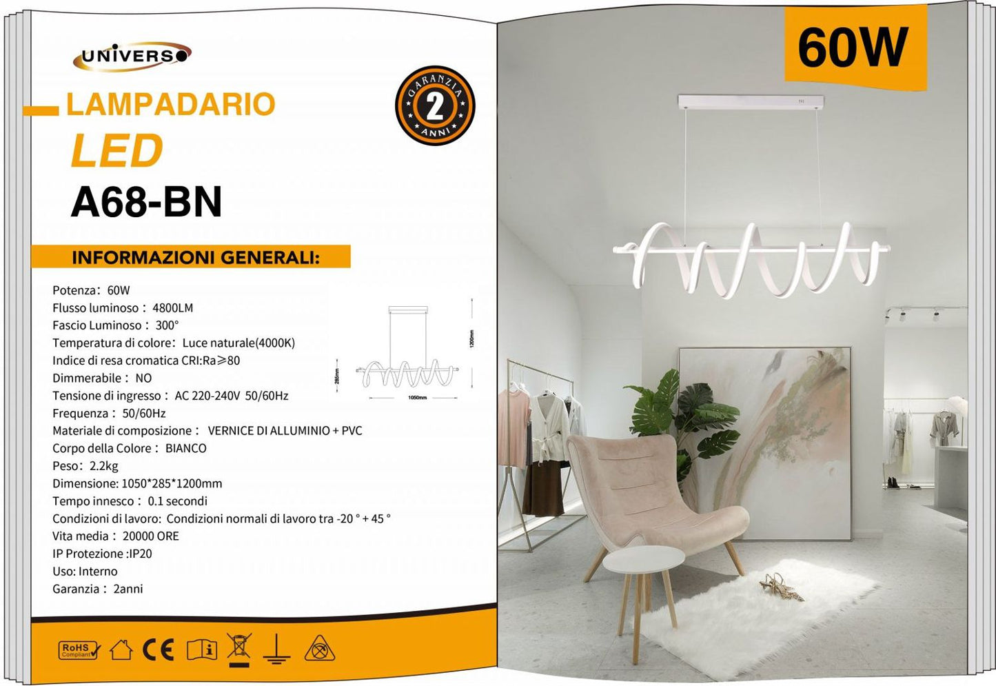 LAMPADARIO DA SOFFITTO/60W/4000K