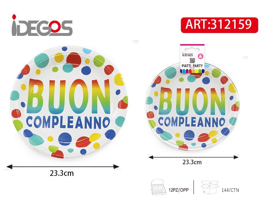 PIATTO DI CARTA 9P BUON COMPLEANNO COLORATI 6PZ