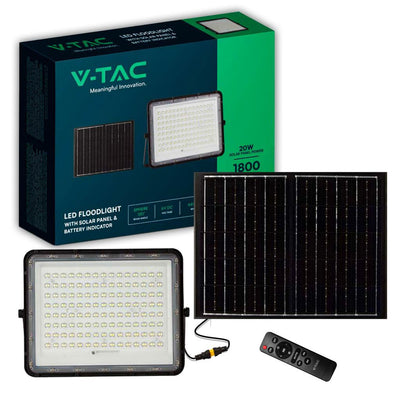 V-TAC Faro LED con Telecomando e Pannello Solare 20W Batteria sostituibile Cavo da 3m Colore Nero 4000K