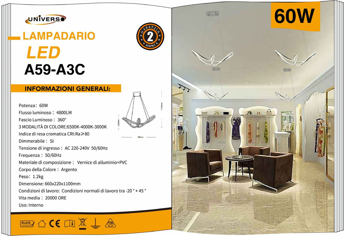 LAMPADARIO DA SOFFITTO/60W/3000K-6500K