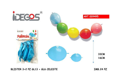 BLISTER DI PALLONCINI IN LATTICE A CODA 5 PZ CELESTE