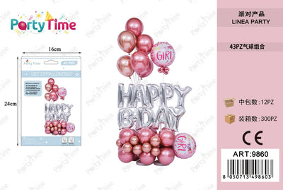 *set di palloncino 'happy b.day' rosa e argento