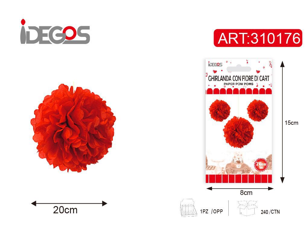 ACCESSORI FESTA GHIRLANDA CON FIORE DI CARTA 20CM 17G 1PZ ROSSO