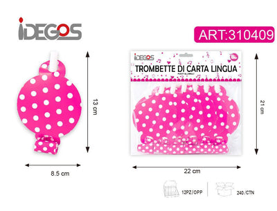 ACCESSORI FESTA TROMBETTA CARTA LINGUA LUNGO CARTA CON PUNTINI 6PZ MAGENTA