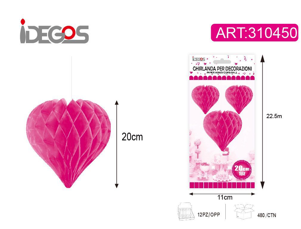 ACCESSORI FESTA SFERA DI CARTA CUORE MAGENTA 20CM 30G SOTTILE