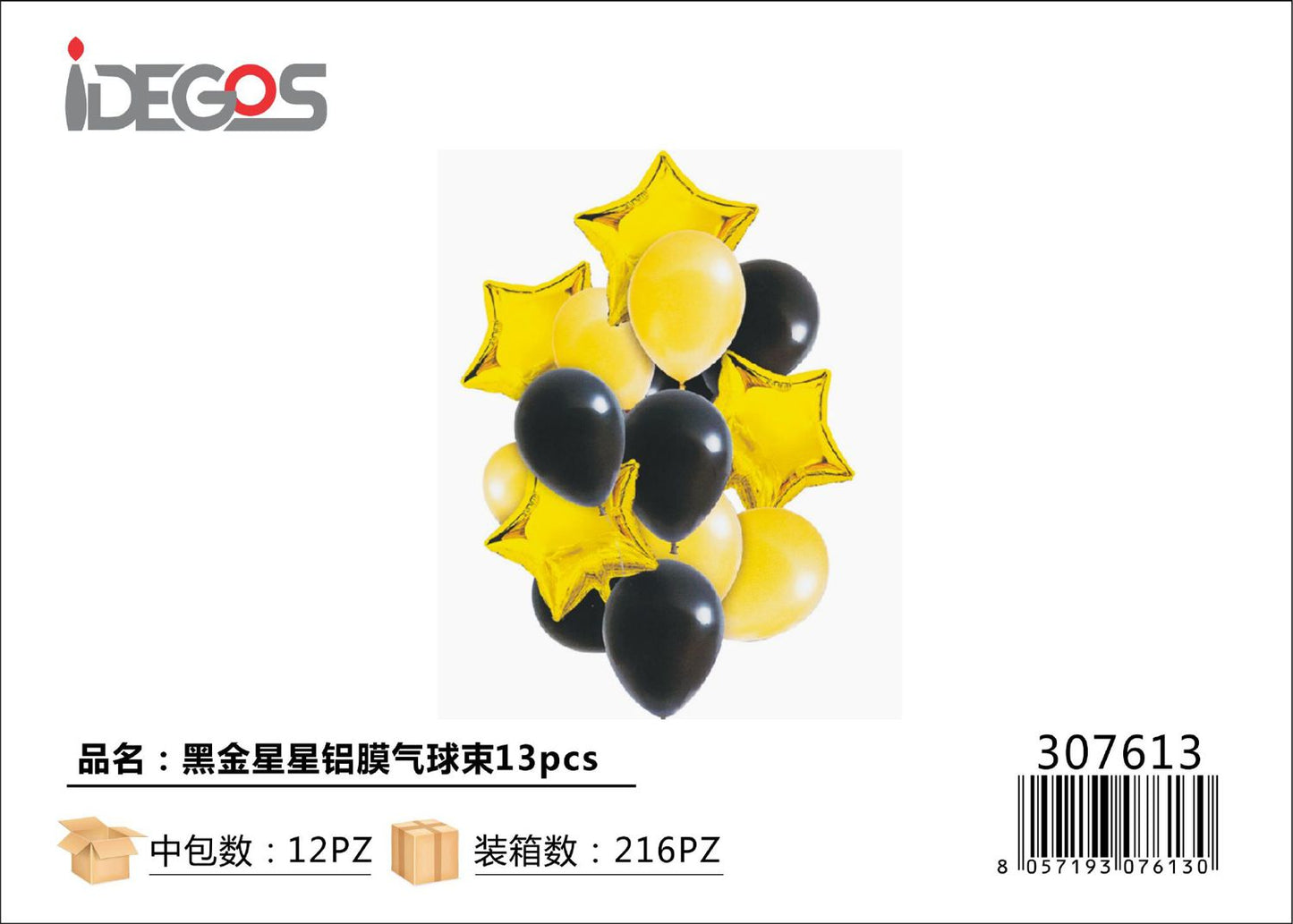 SET DI PALLONCINI CON STELLE 13PZ ORO/NERO