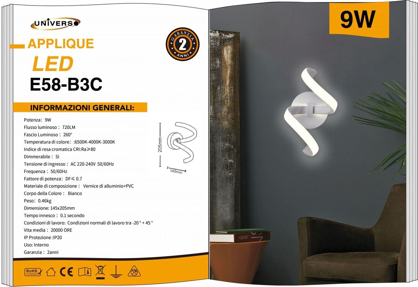 APPLIQUE DA MURO/9W/3000K-6500K/BIANCO