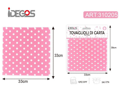 ACCESSORI FESTA TOVAGLIOLI CARTA CON PUNTINI 18G 2 STRATI 33*33CM 10PZ ROSA