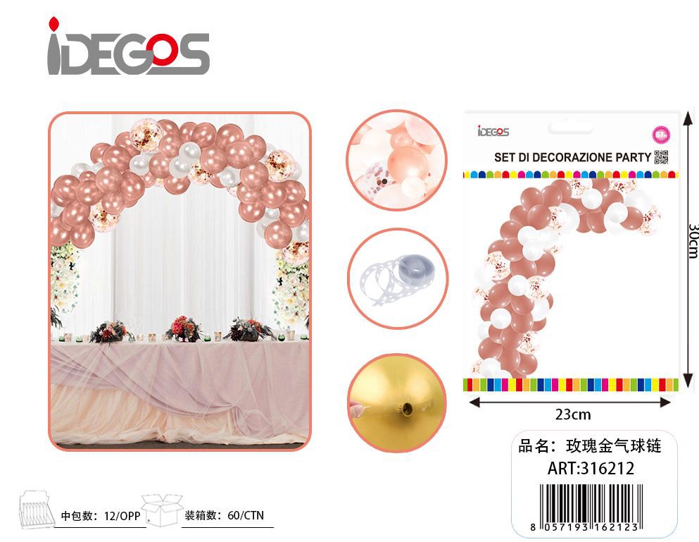 KIT ARCO DI PALLONICINI CROMO METALLICO ORO ROSA 2.5M