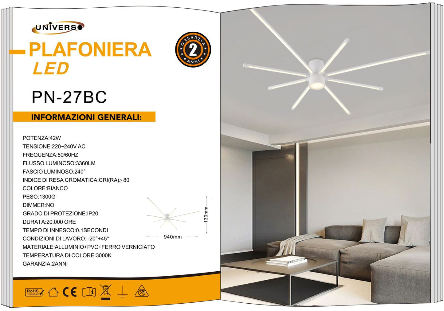 LAMPADARIO DA SOFFITTO/42W/3000K/BIANCO