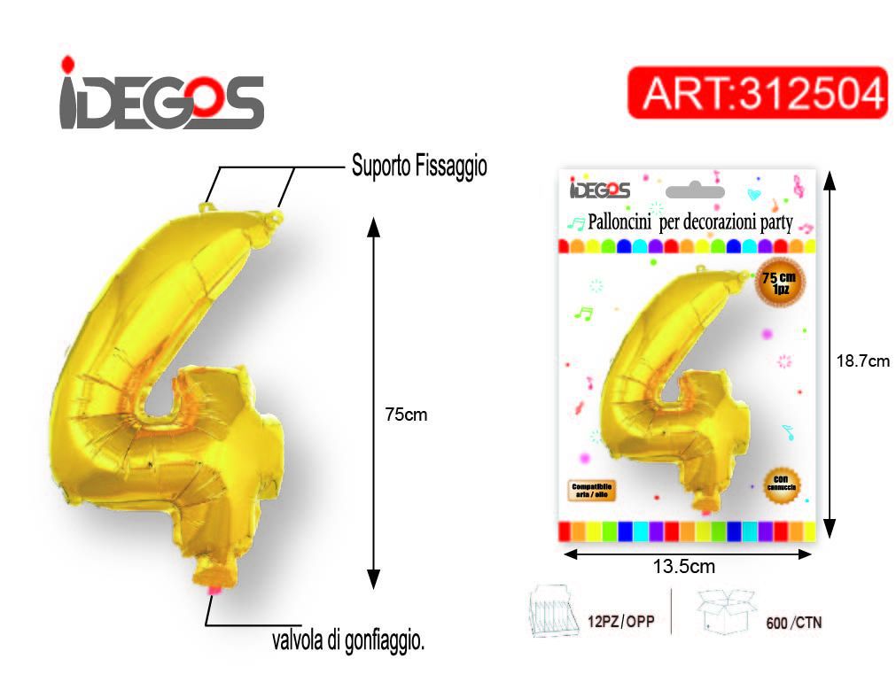 PALLONCINO IN ALLUMINIO 75CM NUMERO ORO 4