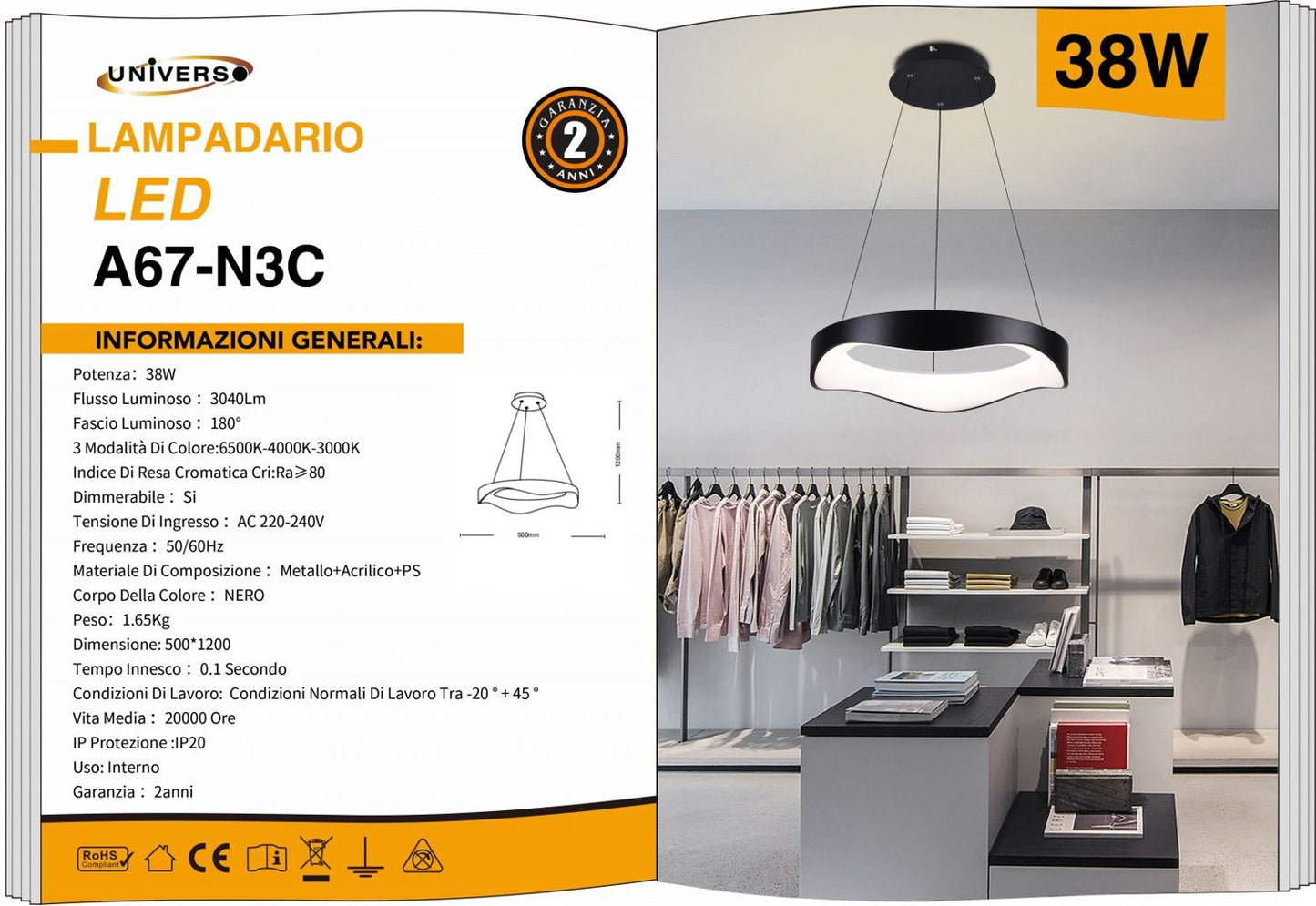 LAMPADARIO DA SOFFITTO/38W/3000K-6500K