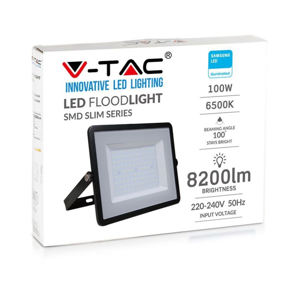 V-TAC PRO Faro LED SMD Chip Samsung 100W Colore Nero 6500K IP65