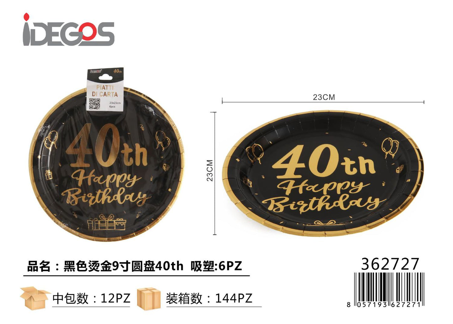 PIATTI DI CARTA 9P 40ANNI ORO NERO 6PZ