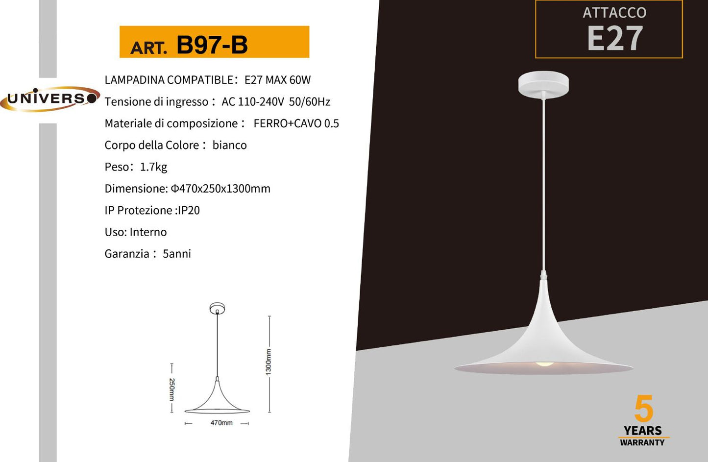 LAMPADARIO DA SOFFITTO/1XE27