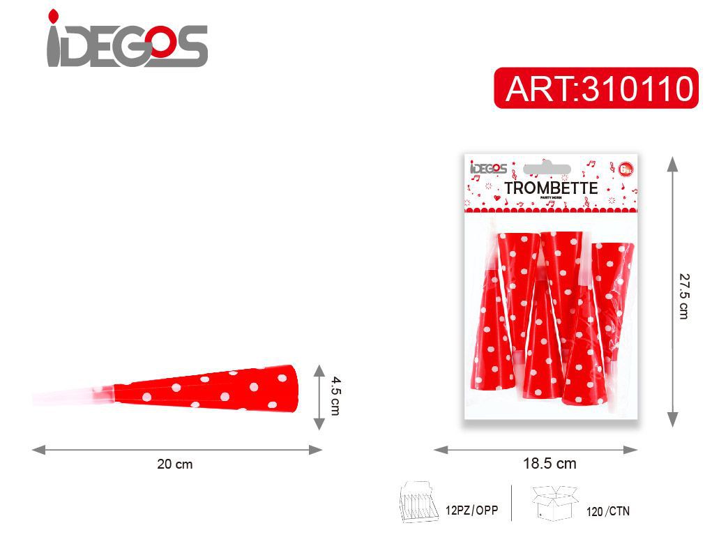 ACCESSORI FESTA TROMBETTA CANNUCCIA PLASTICA CON PUNTINI 210G 6PZ ROSSO