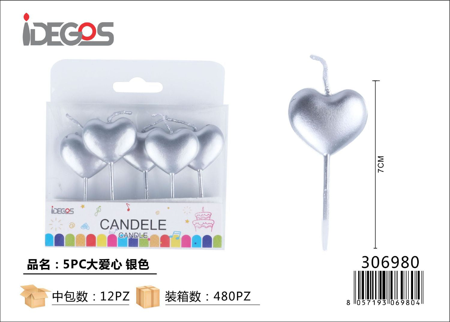 CANDELE A CUORE ARGENTO 5PZ