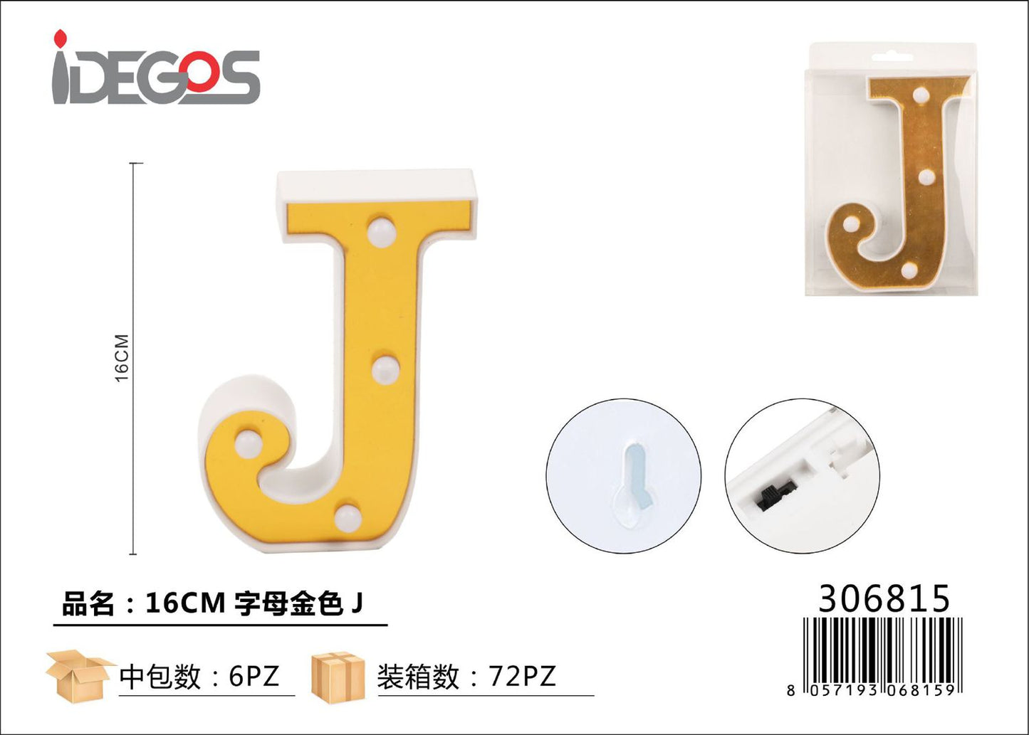 LETTERE CON LUCI LED J 16CM ORO