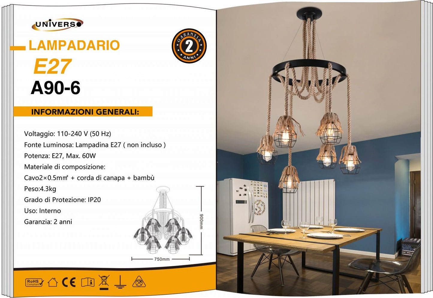 LAMPADARIO DA SOFFITTO/6XE27