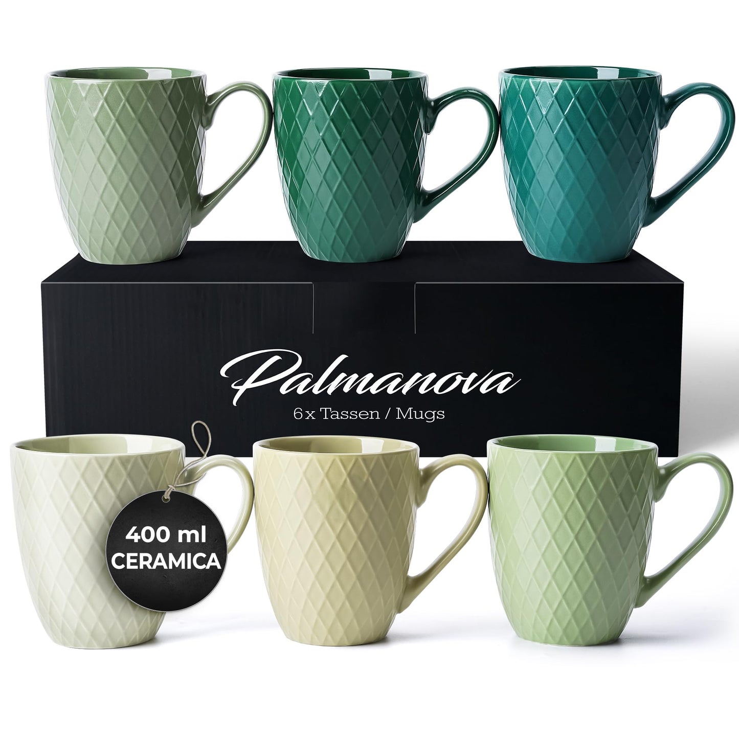 MIAMIO - 6 x 400 ml - Set di tazze da caffè - Tazza moderna in ceramica - Tazza da caffè grande - Collezione Palmanova (Verde)