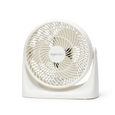 Amazon Basics Ventilatore da tavolo portatile, 18 cm, raffreddamento silenzioso, 3 impostazioni di velocità, inclinazione variabile a 90°, Bianco, 15,49 x 27,3 x 27,69 cm