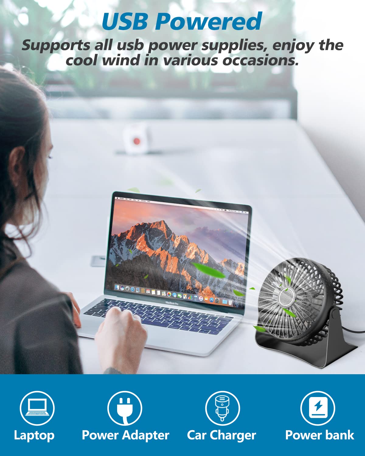 Galros Ventilatore da tavolo USB, piccolo, con 3 velocità regolabili, silenzioso, rotazione a 360°, portatile per casa, ufficio, esterno