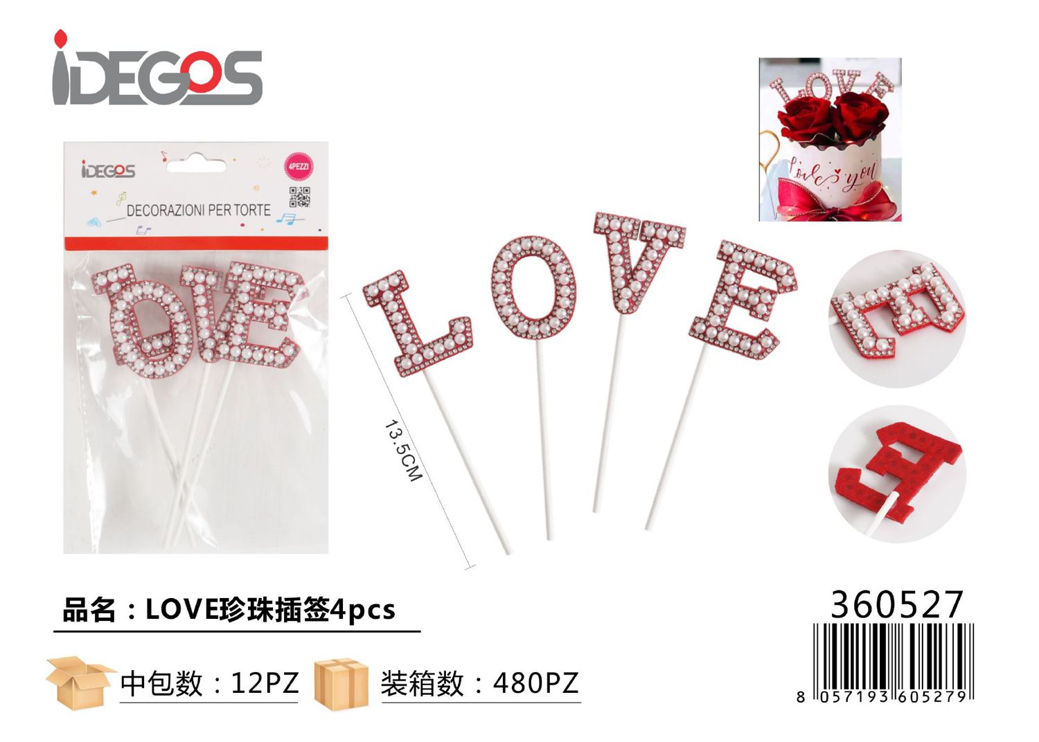 DECORAZIONE PER TORTE LOVE ROSSO 4PZ