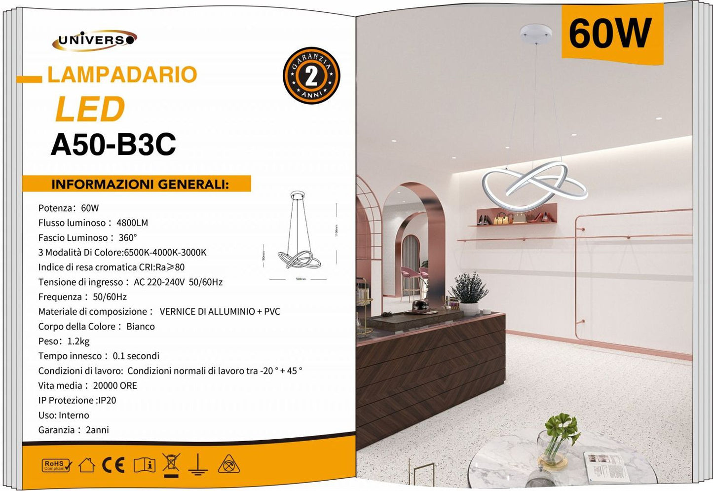 LAMPADARIO DA SOFFITTO/60W/3000K-6500K