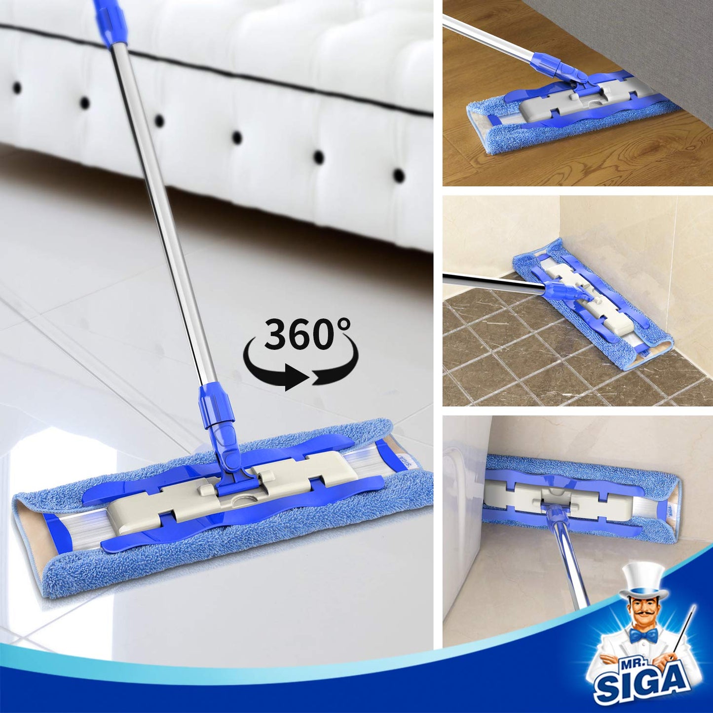 MR.SIGA Professionale Mop in Microfibra con Maniglia in Acciaio Inossidabile per Pavimento di Lengo, Marmo, Mattonella - include 3 Pad Mop Riutilizzabili e 1 Scrubber per la Rimozione dello Sporco