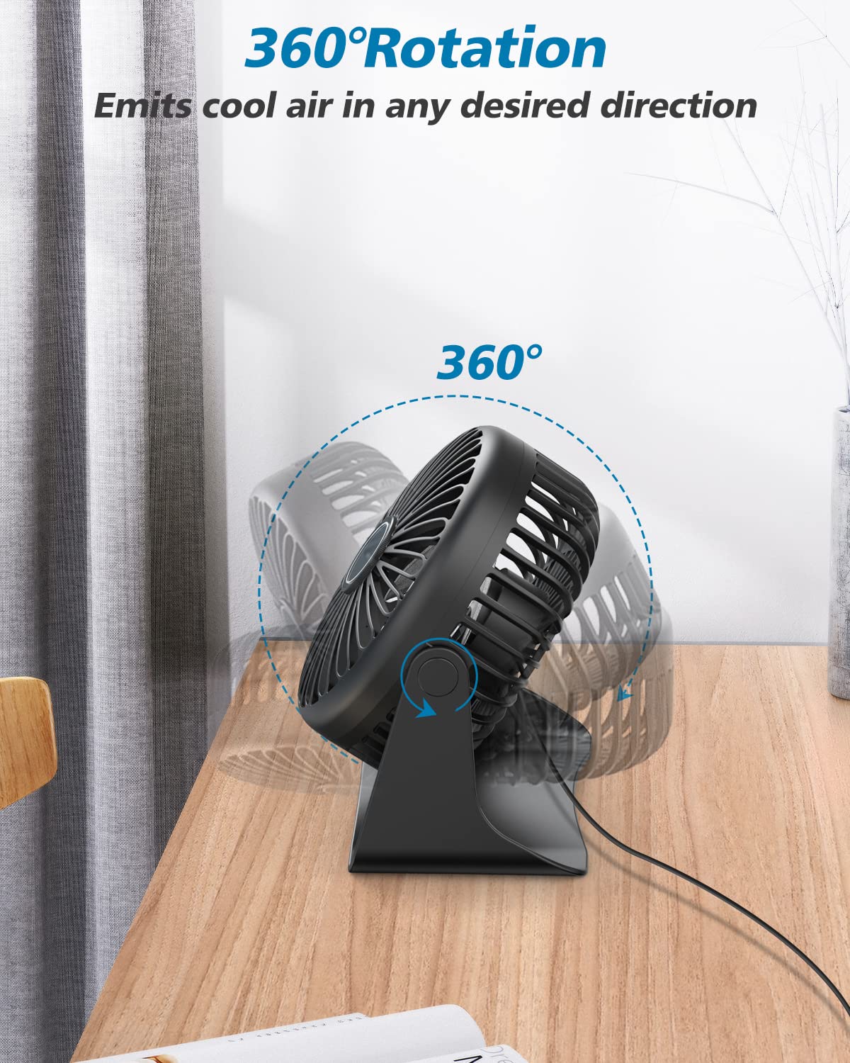 Galros Ventilatore da tavolo USB, piccolo, con 3 velocità regolabili, silenzioso, rotazione a 360°, portatile per casa, ufficio, esterno