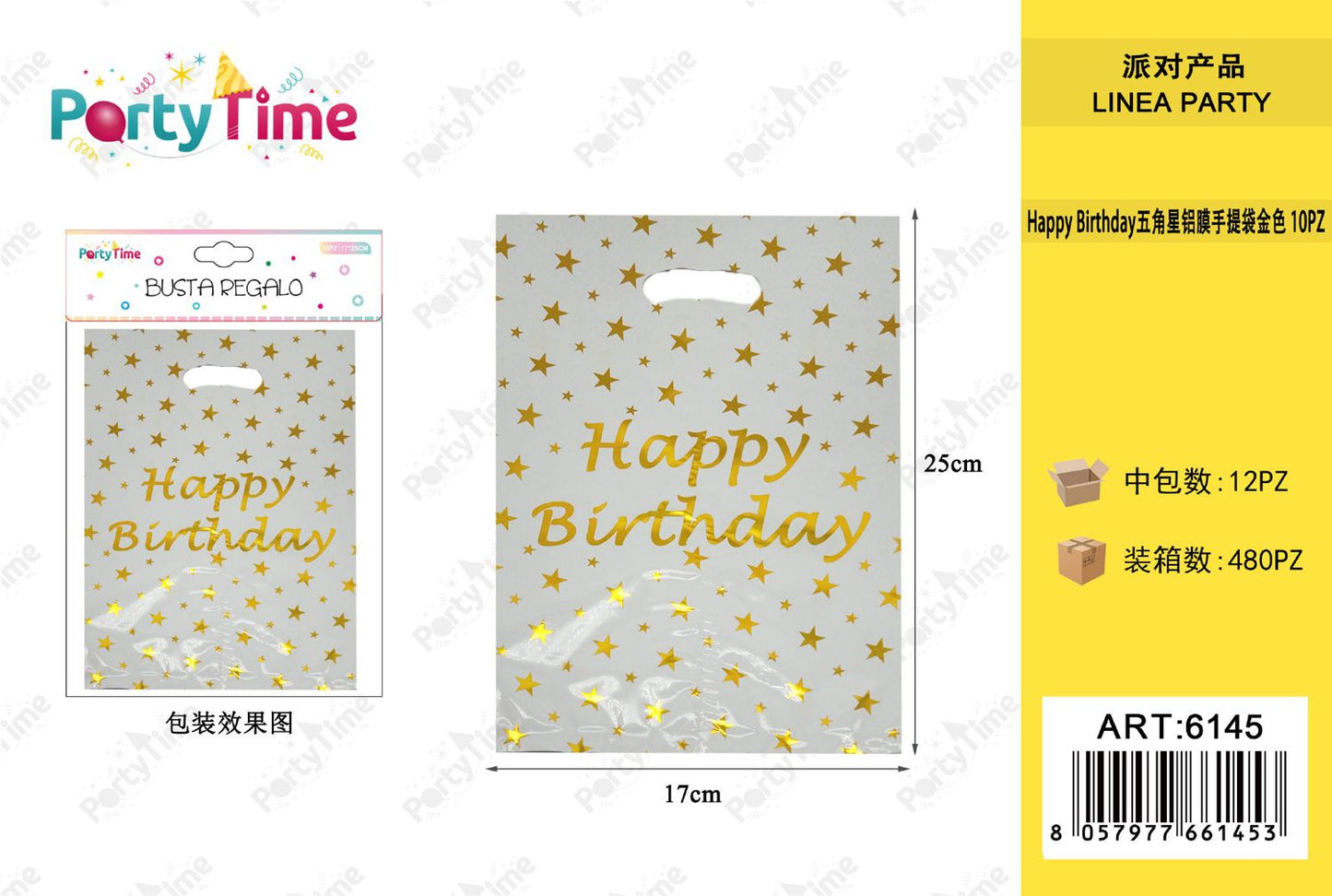 *17*25CM BUSTA DA REGALO Happy Birthday 10PZ ORO